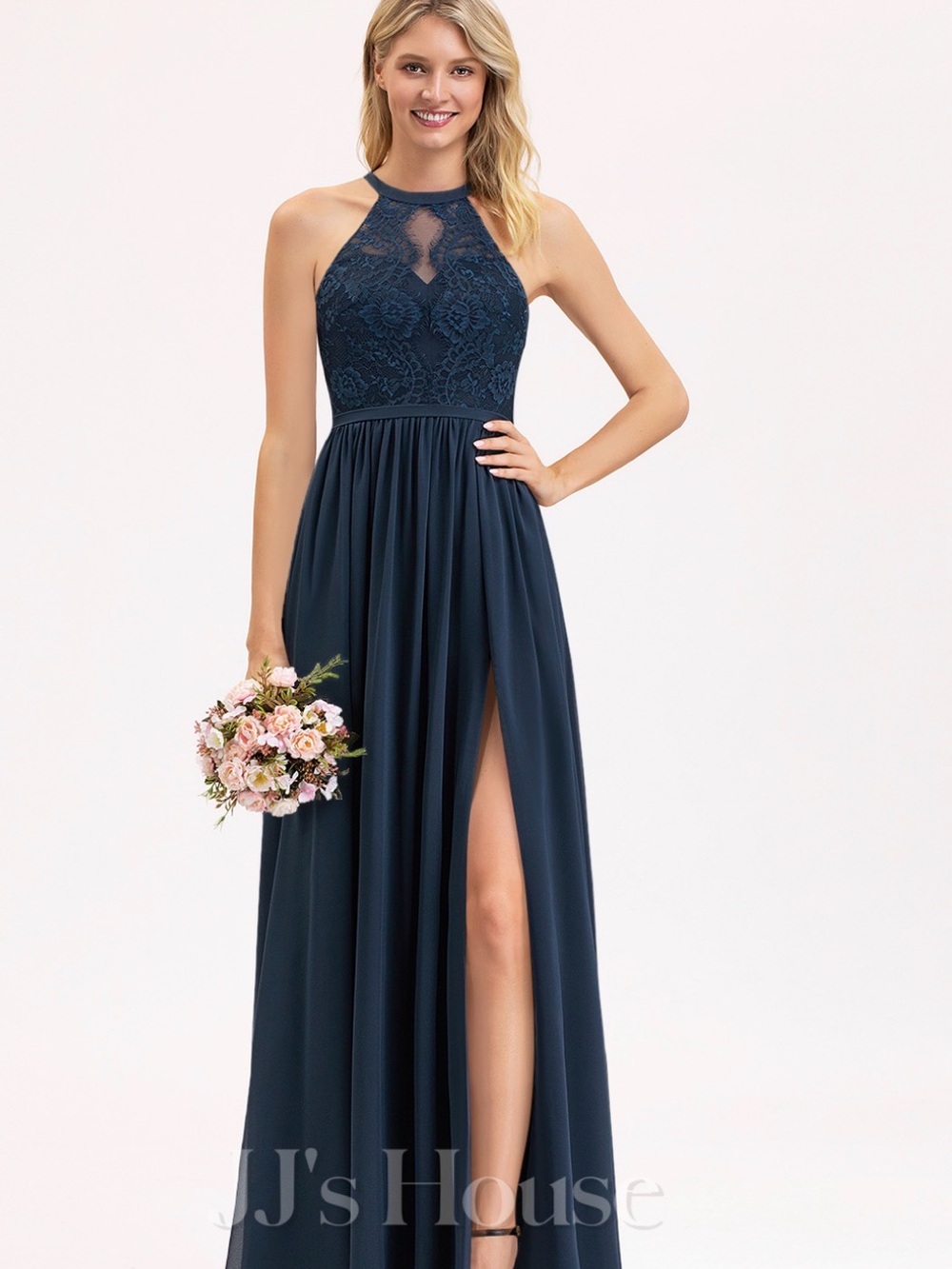 Navy Halter Lace Bodice Evening Dress with Side Slit